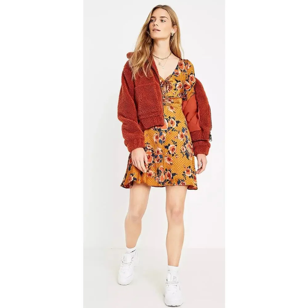 Free People Morning Light Floral Mini Dress in Yellow Gold Orange Womens Size 6